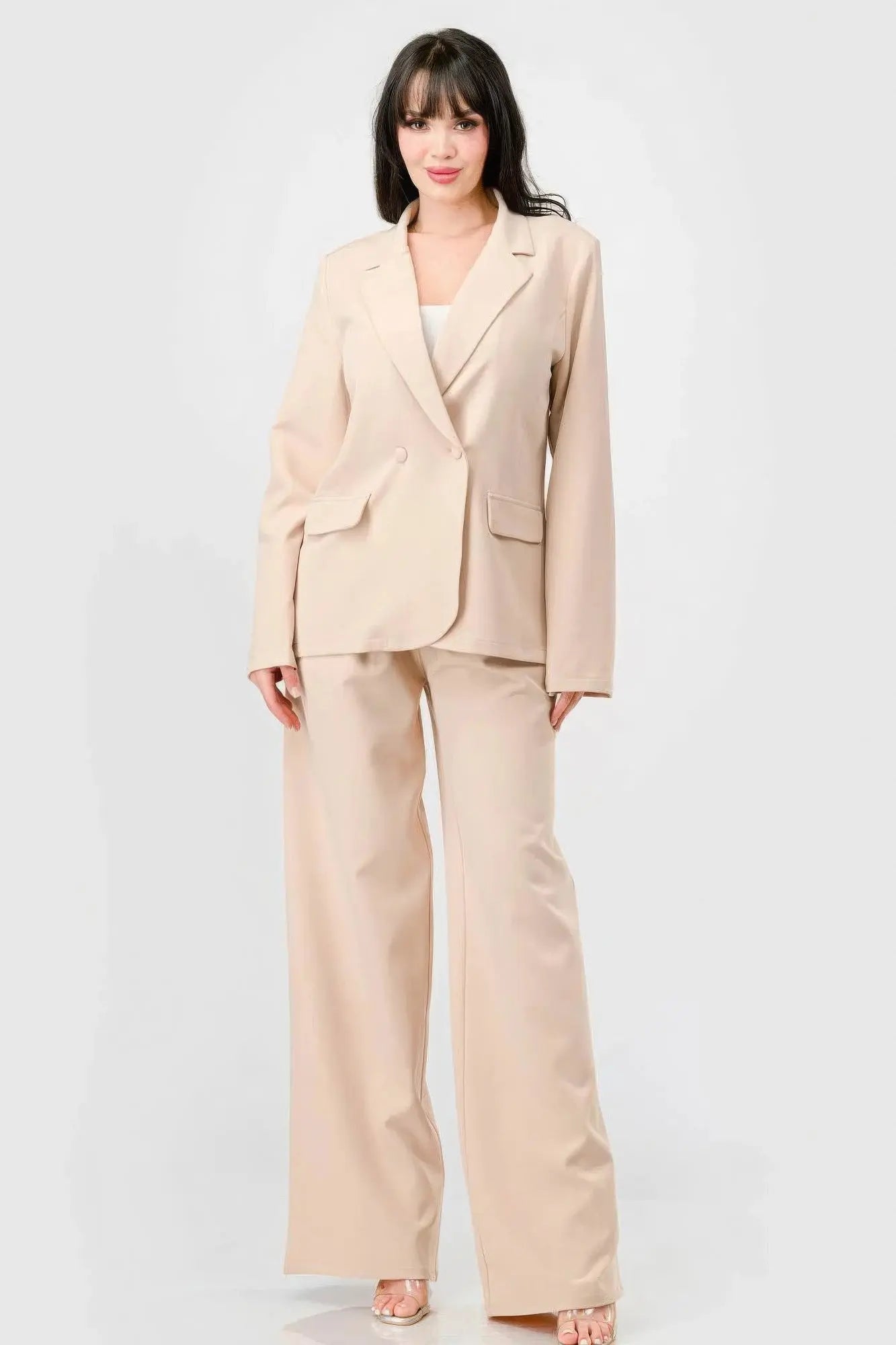 Elaine's Luxe Stretch Woven Loose Fit Blazer And Wide Legs Pants Semi Formal Set Blue Zone Planet