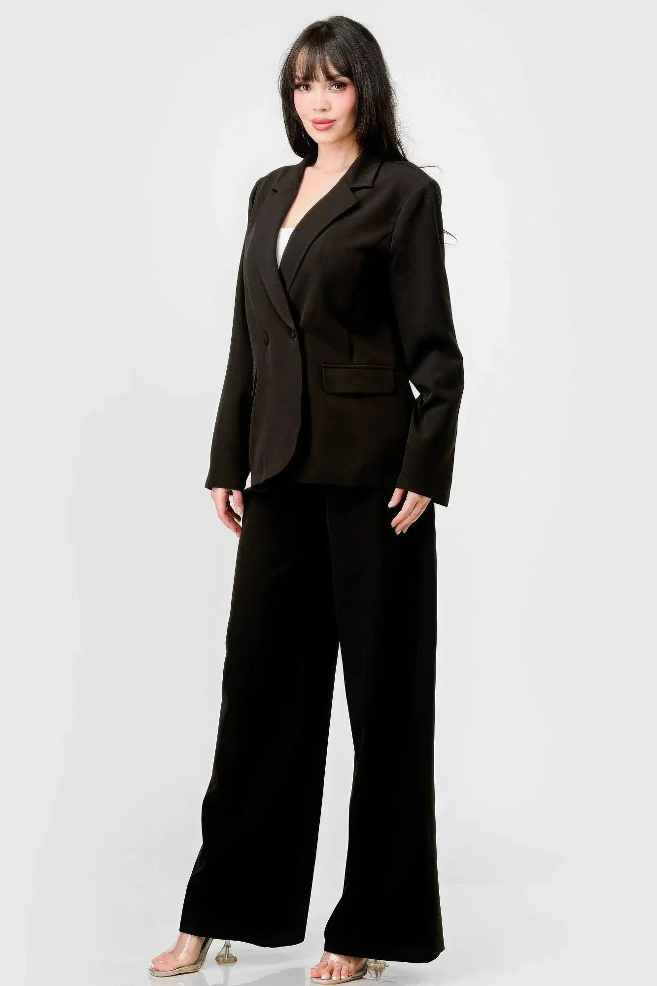 Elaine's Luxe Stretch Woven Loose Fit Blazer And Wide Legs Pants Semi Formal Set Blue Zone Planet