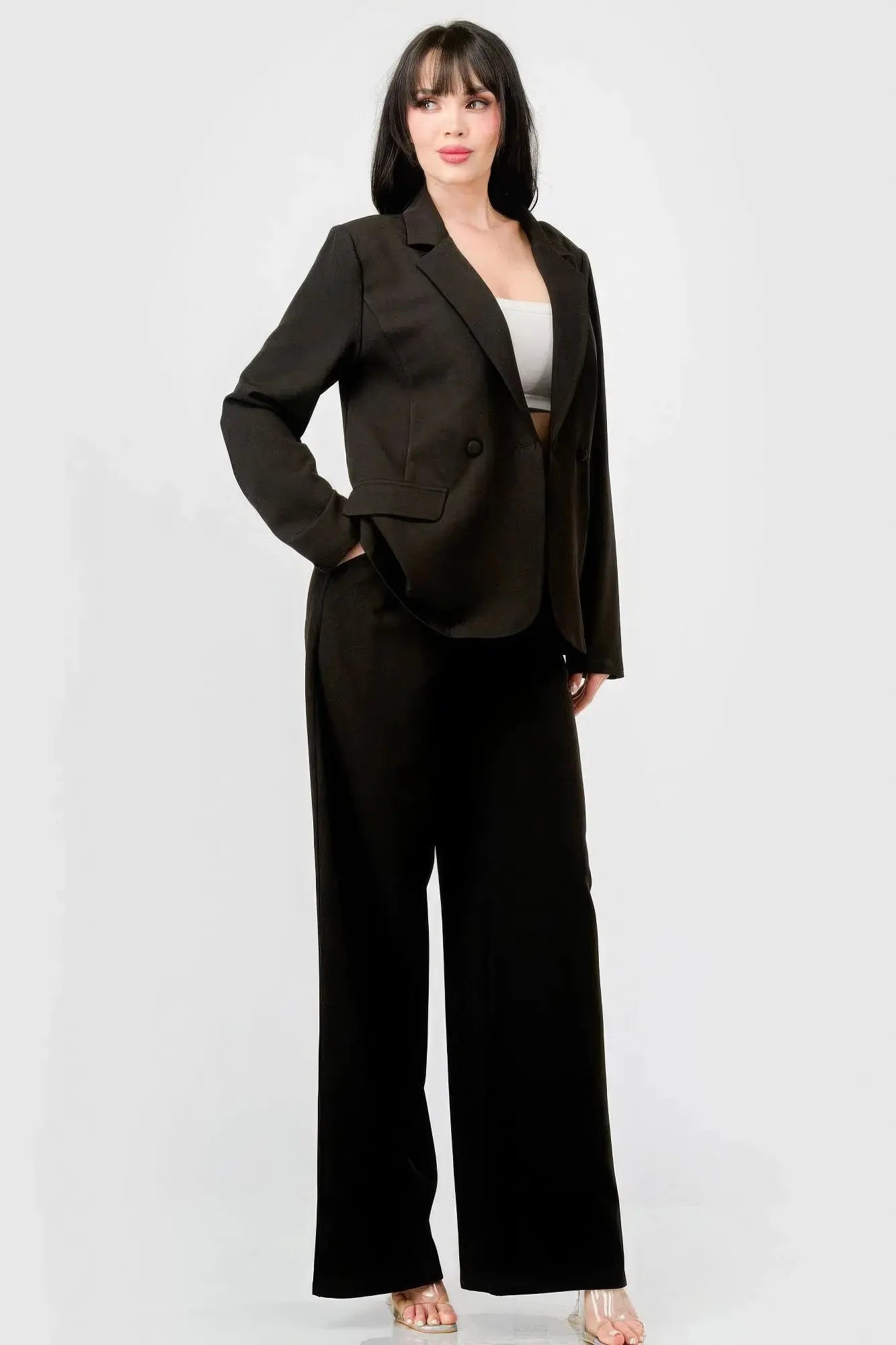 Elaine's Luxe Stretch Woven Loose Fit Blazer And Wide Legs Pants Semi Formal Set Blue Zone Planet