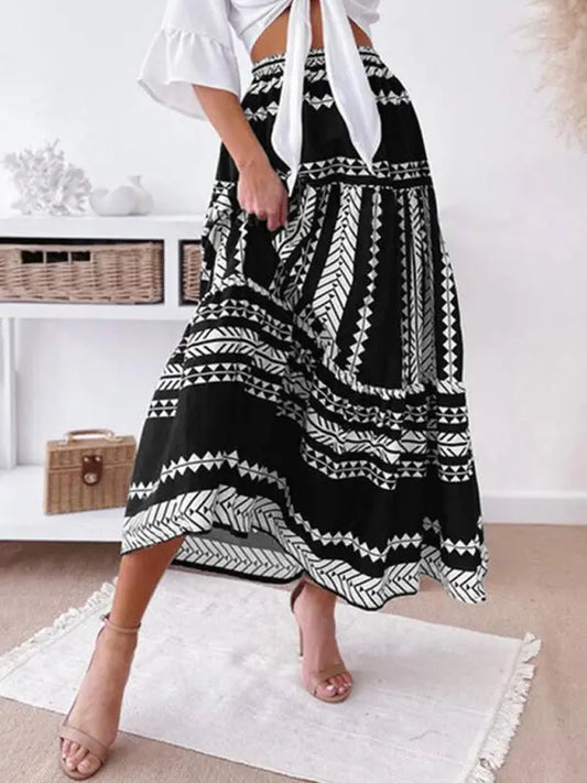 Elara's Ethnic Style Irregular Stripe Printed Maxi Skirt kakaclo