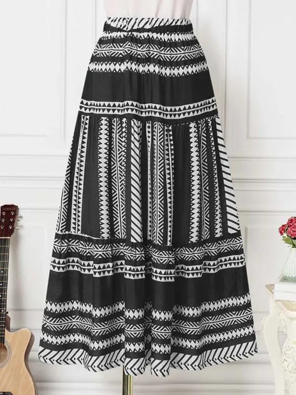 Elara's Ethnic Style Irregular Stripe Printed Maxi Skirt kakaclo