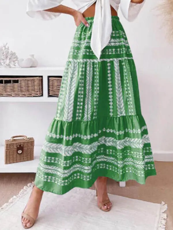 Elara's Ethnic Style Irregular Stripe Printed Maxi Skirt kakaclo