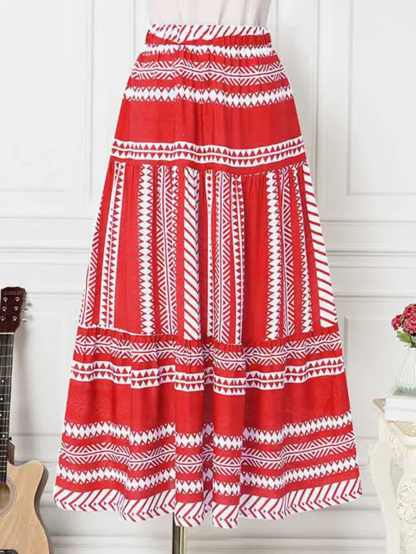 Elara's Ethnic Style Irregular Stripe Printed Maxi Skirt kakaclo