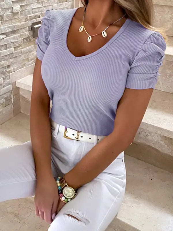 Elastic pit strip thread pullover puff sleeve V-neck short-sleeved T-shirt for women kakaclo