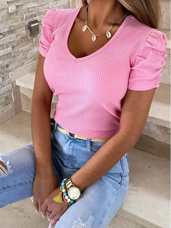 Elastic pit strip thread pullover puff sleeve V-neck short-sleeved T-shirt for women kakaclo