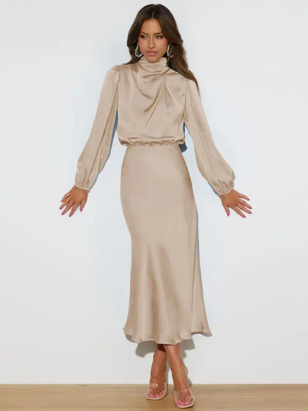 Elegant elegant satin long sleeve loose dress kakaclo