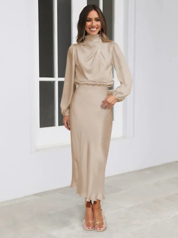 Elegant elegant satin long sleeve loose dress kakaclo