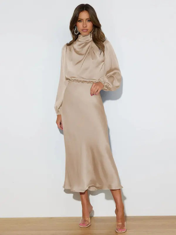 Elegant elegant satin long sleeve loose dress kakaclo