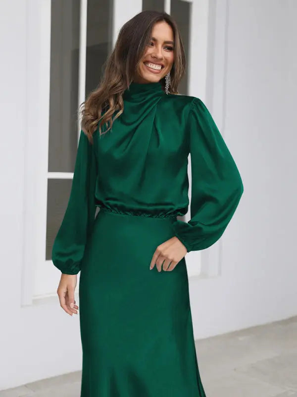 Elegant elegant satin long sleeve loose dress kakaclo
