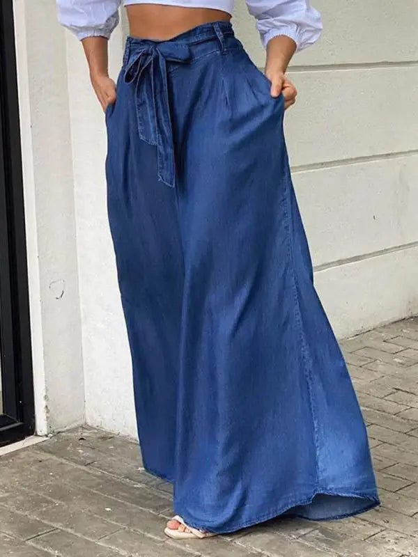 Elegant strappy high waisted skirt plus size denim maxi skirt kakaclo
