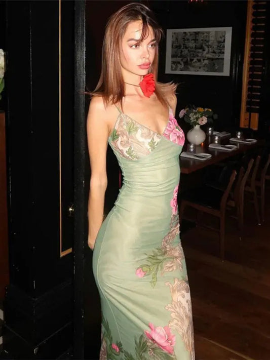 Ella's Floral Print Spaghetti Strap Maxi Party Dress kakaclo