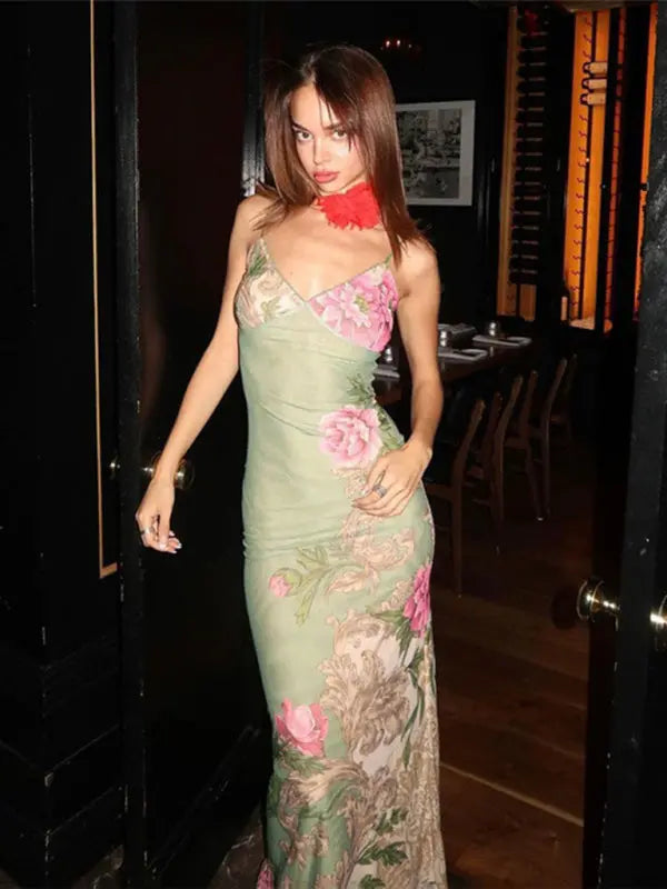 Ella's Floral Print Spaghetti Strap Maxi Party Dress kakaclo