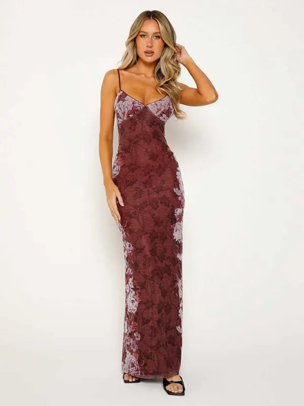 Ella's Floral Print Spaghetti Strap Maxi Party Dress kakaclo