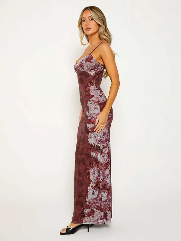 Ella's Floral Print Spaghetti Strap Maxi Party Dress kakaclo