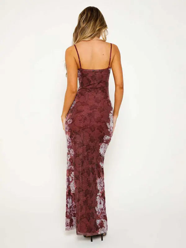Ella's Floral Print Spaghetti Strap Maxi Party Dress kakaclo