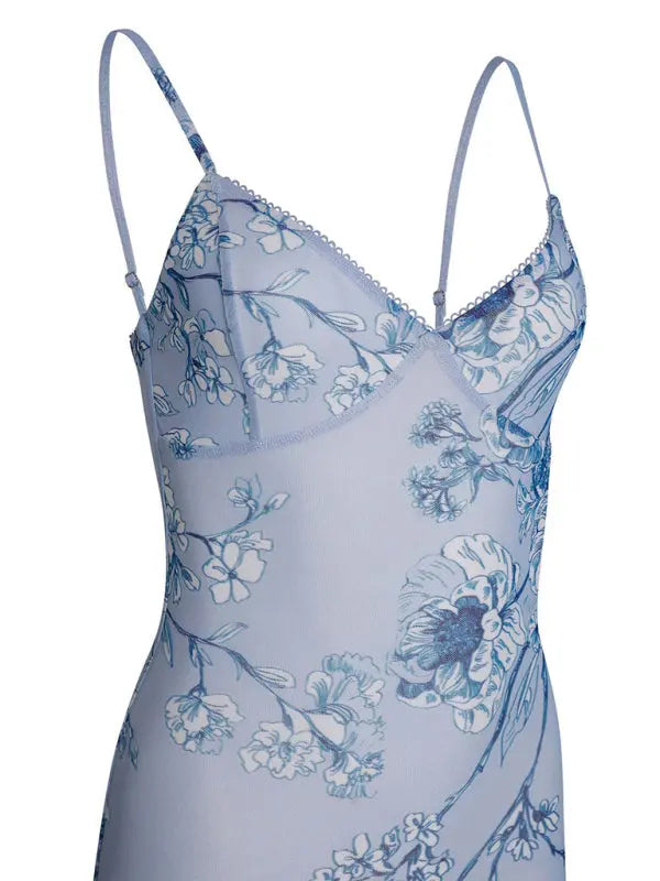 Ella's Floral Print Spaghetti Strap Maxi Party Dress kakaclo