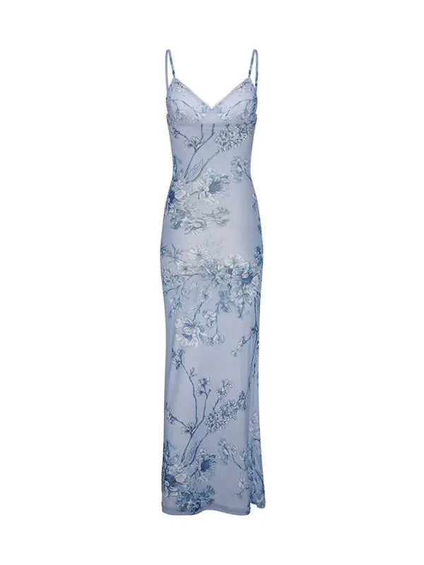 Ella's Floral Print Spaghetti Strap Maxi Party Dress kakaclo