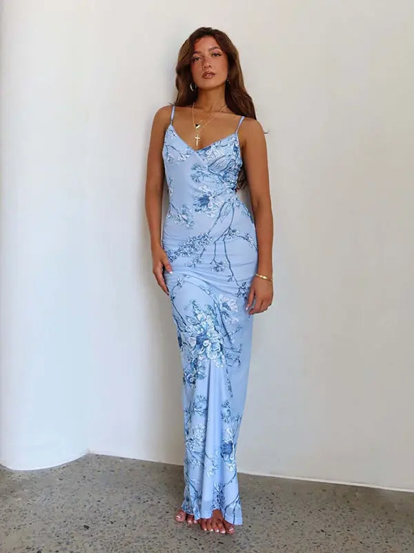 Ella's Floral Print Spaghetti Strap Maxi Party Dress kakaclo