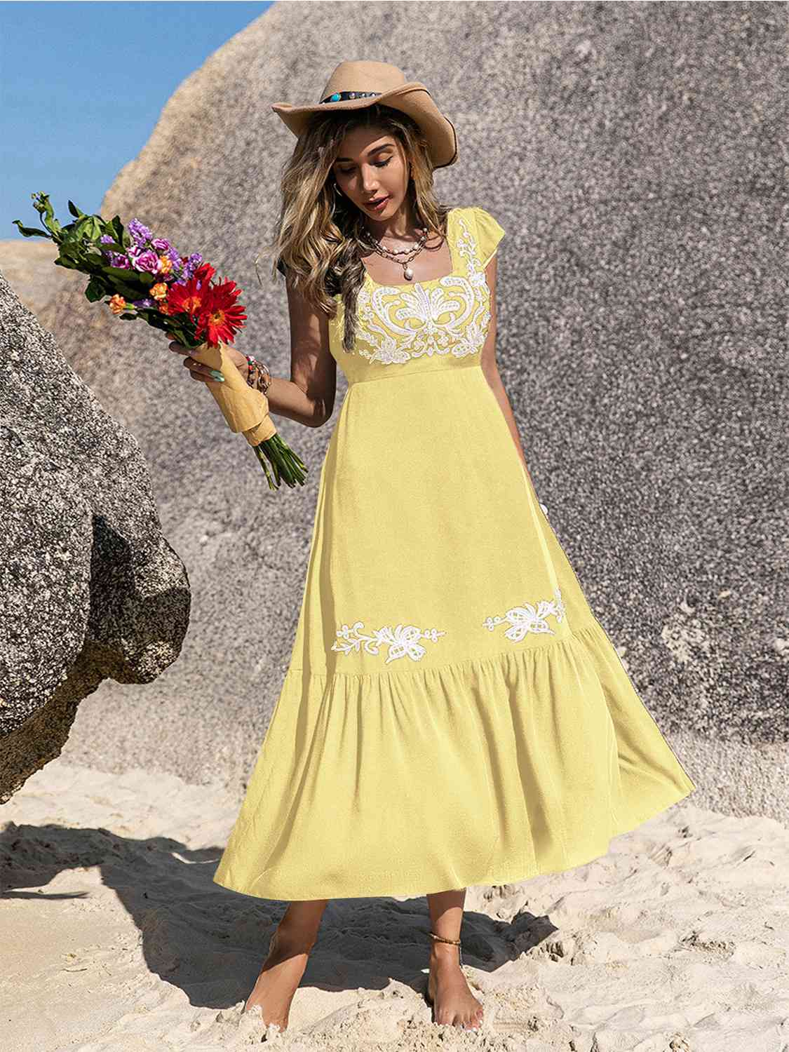 Embroidered Square Neck Ruffle Hem Dress BLUE ZONE PLANET