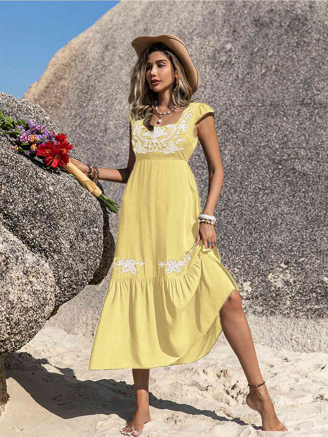Embroidered Square Neck Ruffle Hem Dress BLUE ZONE PLANET