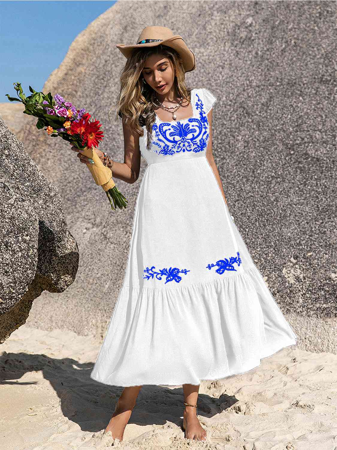Embroidered Square Neck Ruffle Hem Dress BLUE ZONE PLANET