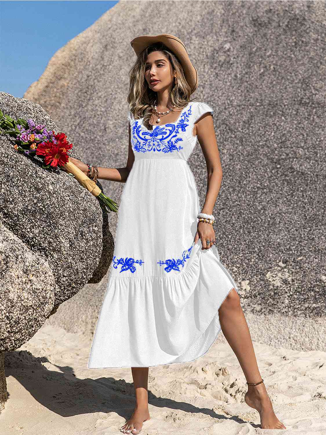 Embroidered Square Neck Ruffle Hem Dress BLUE ZONE PLANET