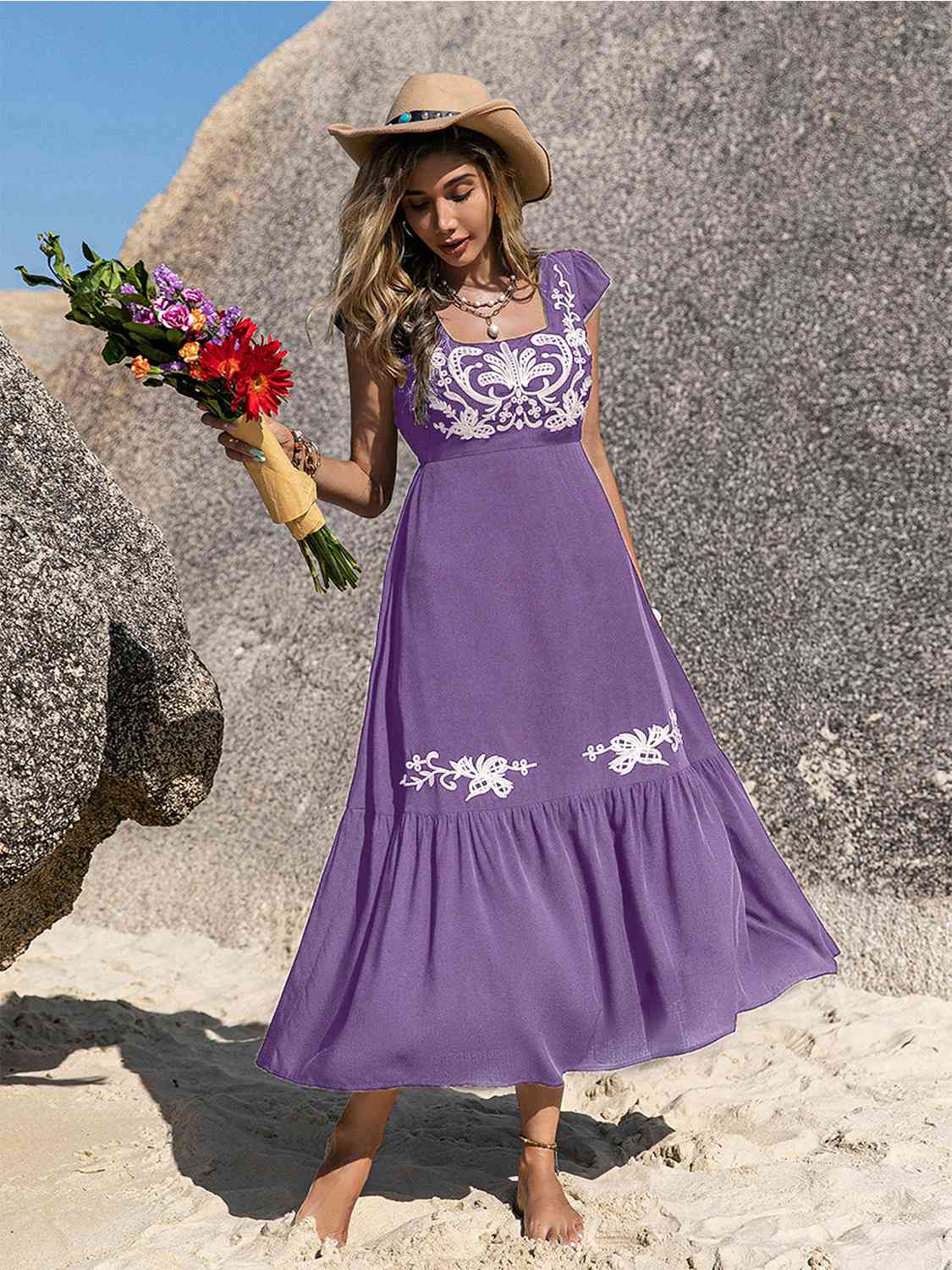Embroidered Square Neck Ruffle Hem Dress BLUE ZONE PLANET