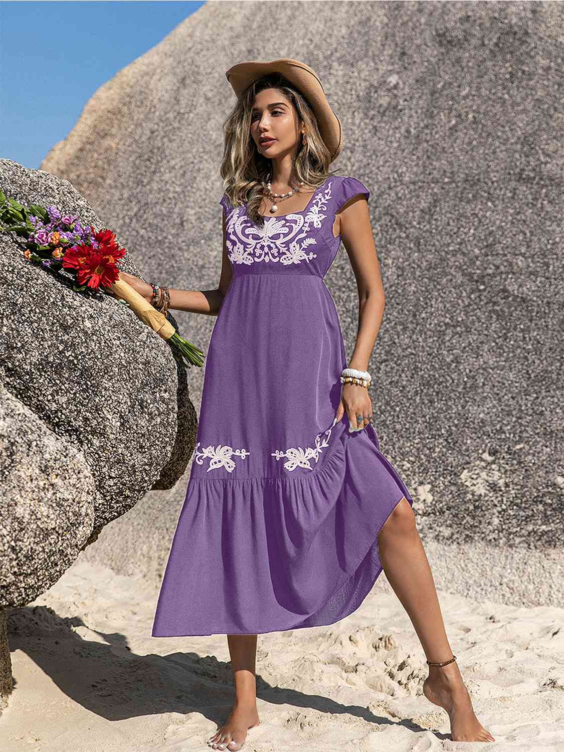 Embroidered Square Neck Ruffle Hem Dress BLUE ZONE PLANET