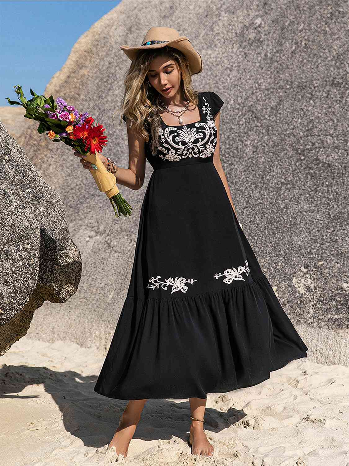 Embroidered Square Neck Ruffle Hem Dress BLUE ZONE PLANET
