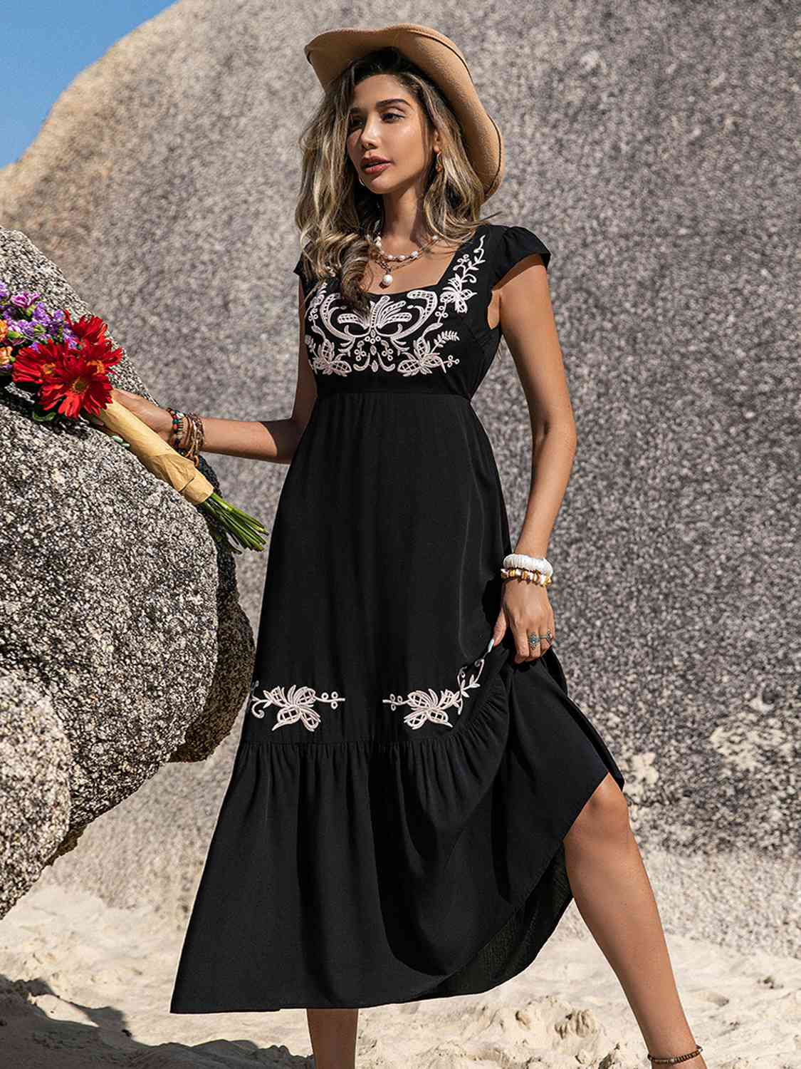 Embroidered Square Neck Ruffle Hem Dress BLUE ZONE PLANET