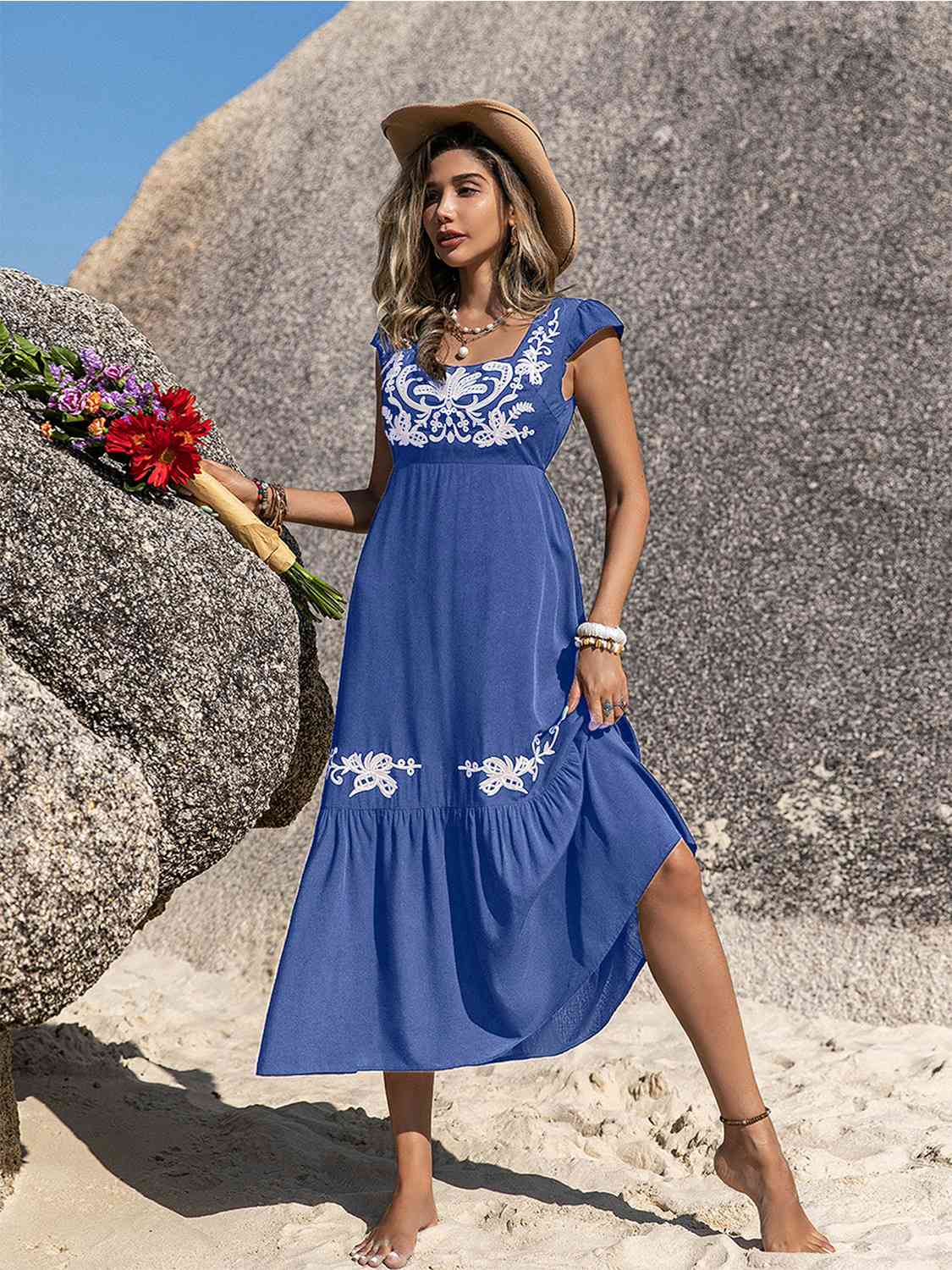 Embroidered Square Neck Ruffle Hem Dress BLUE ZONE PLANET