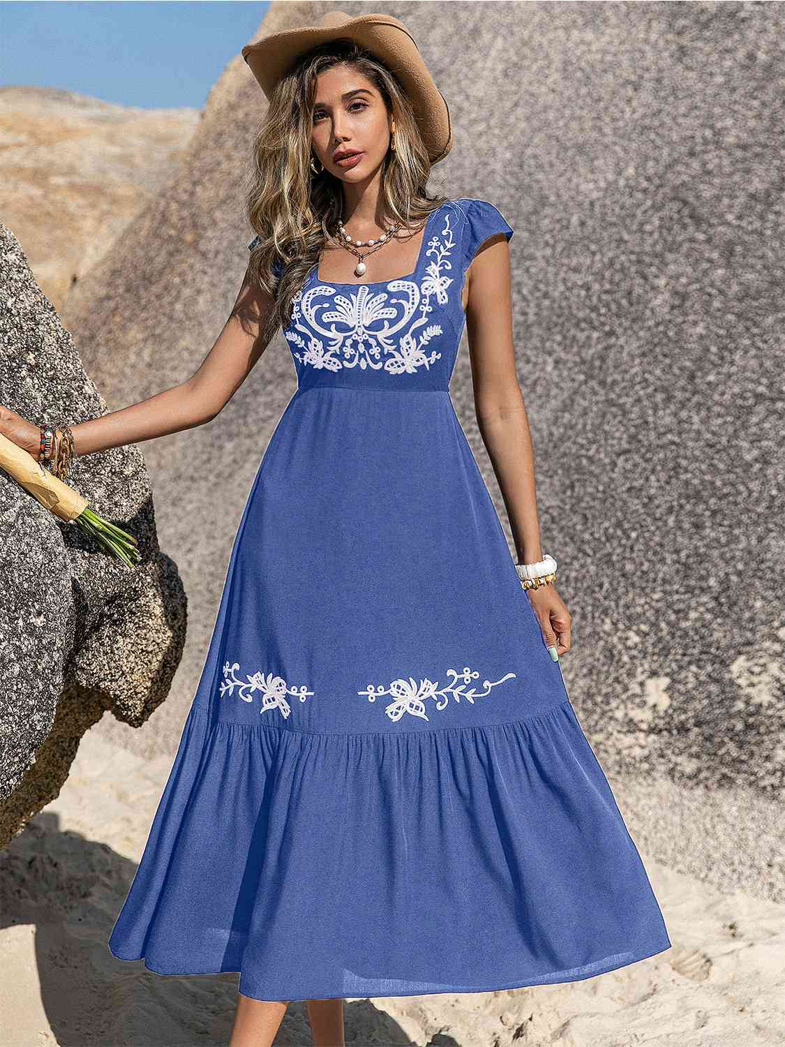 Embroidered Square Neck Ruffle Hem Dress BLUE ZONE PLANET