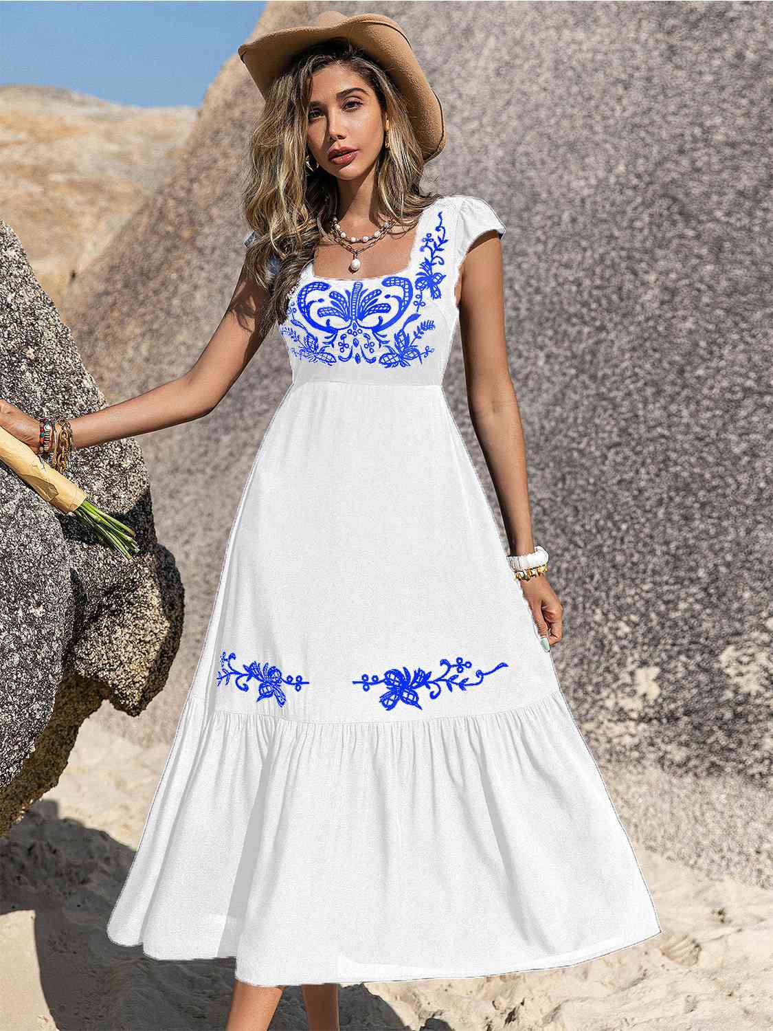Embroidered Square Neck Ruffle Hem Dress BLUE ZONE PLANET