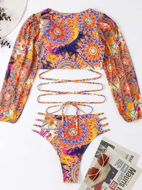 Ethnic Printed Mesh Long Sleeve Bikini Set BLUE ZONE PLANET