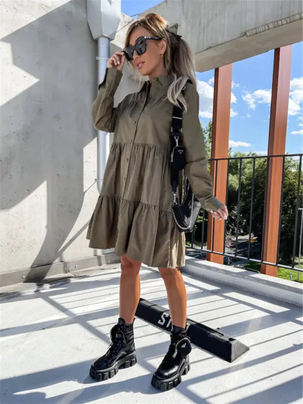European and American women's solid color loose temperament shirt dress kakaclo