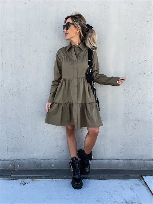 European and American women's solid color loose temperament shirt dress kakaclo