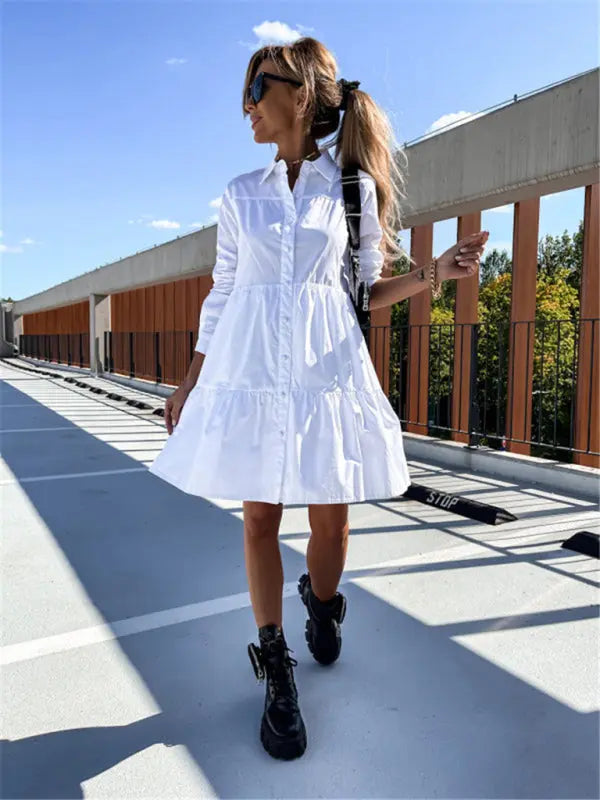 European and American women's solid color loose temperament shirt dress kakaclo