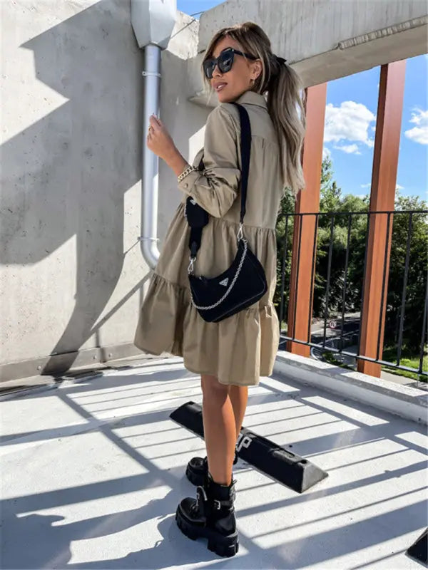 European and American women's solid color loose temperament shirt dress kakaclo