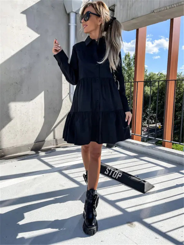 European and American women's solid color loose temperament shirt dress kakaclo