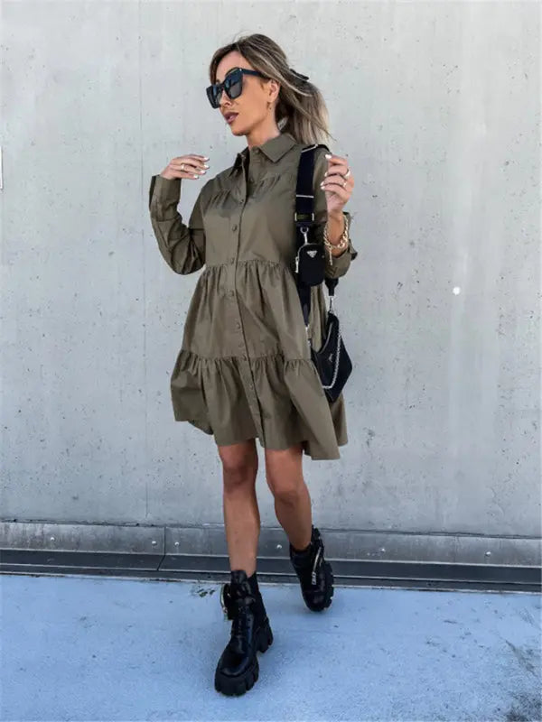 European and American women's solid color loose temperament shirt dress kakaclo