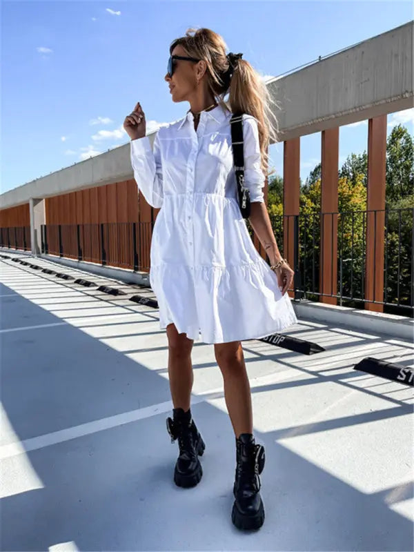 European and American women's solid color loose temperament shirt dress kakaclo