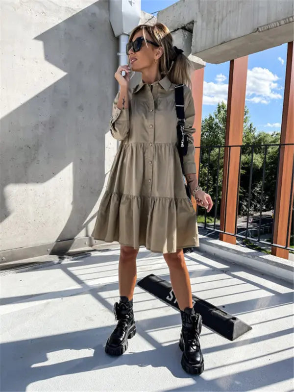 European and American women's solid color loose temperament shirt dress kakaclo