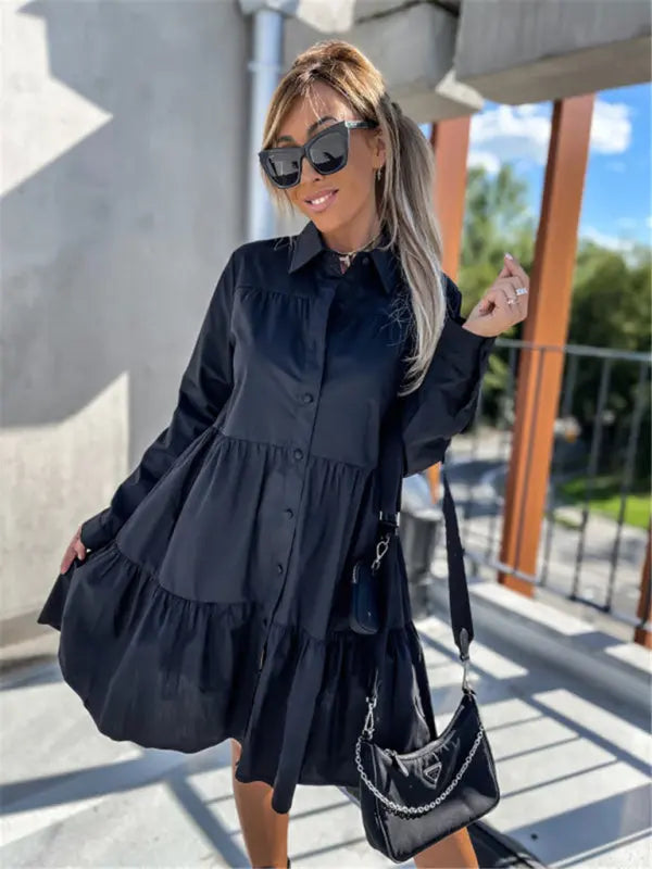 European and American women's solid color loose temperament shirt dress kakaclo