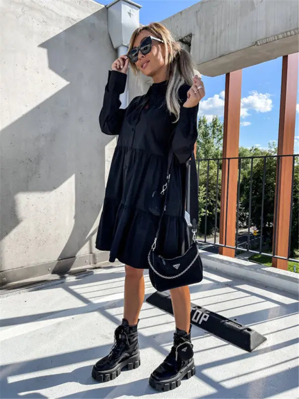 European and American women's solid color loose temperament shirt dress kakaclo