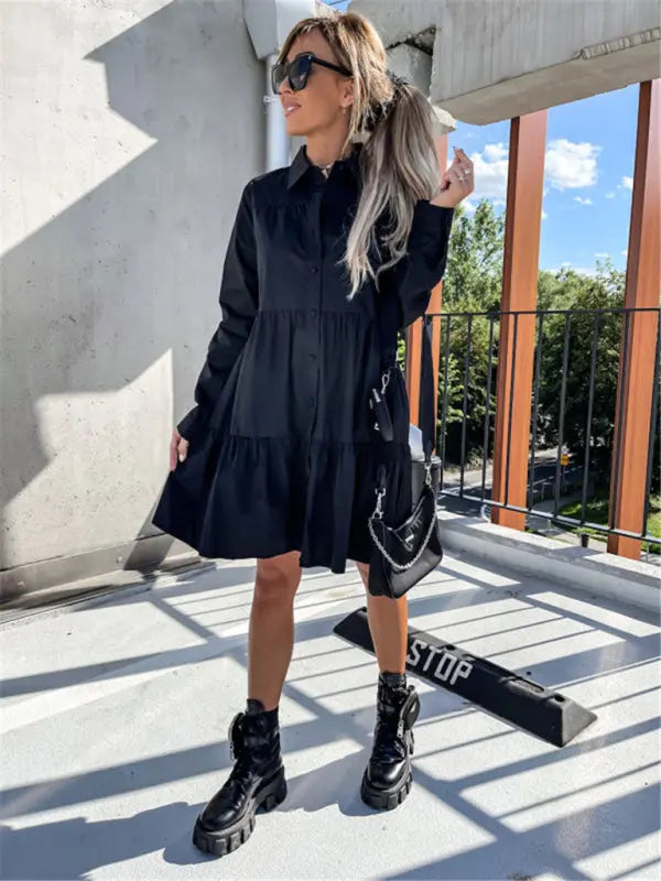 European and American women's solid color loose temperament shirt dress kakaclo