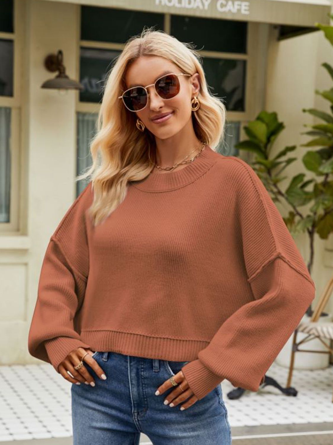 Exposed Seams Round Neck Dropped Shoulder Sweater BLUE ZONE PLANET