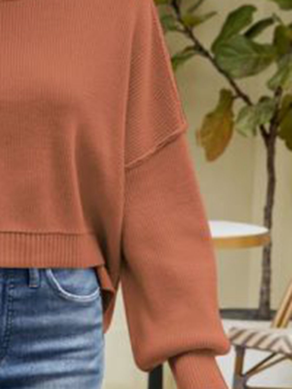 Exposed Seams Round Neck Dropped Shoulder Sweater BLUE ZONE PLANET