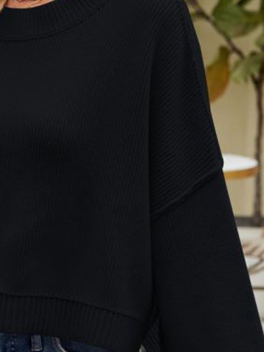 Exposed Seams Round Neck Dropped Shoulder Sweater BLUE ZONE PLANET