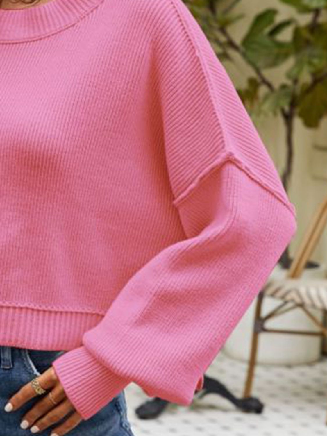 Exposed Seams Round Neck Dropped Shoulder Sweater BLUE ZONE PLANET