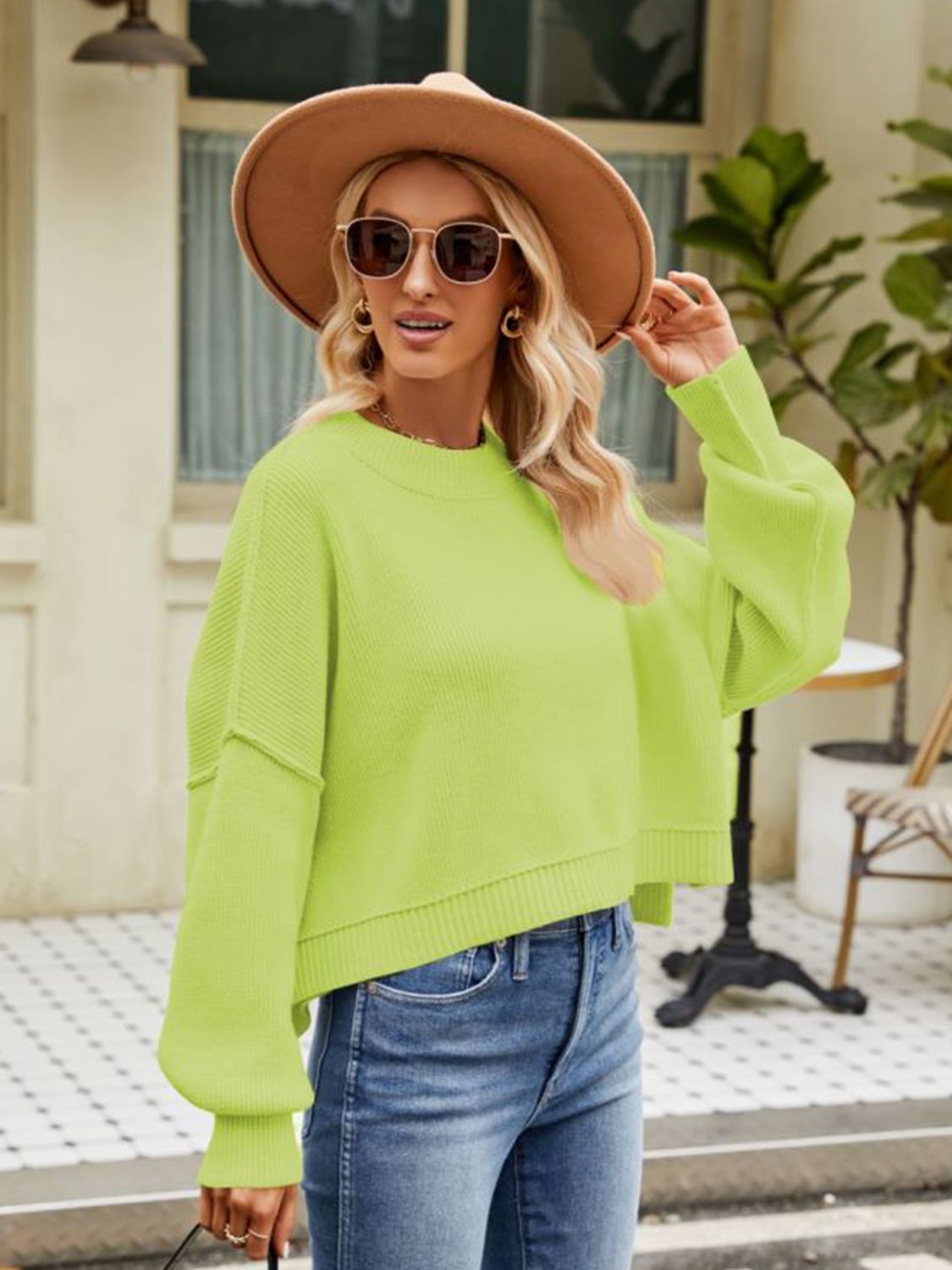 Exposed Seams Round Neck Dropped Shoulder Sweater BLUE ZONE PLANET